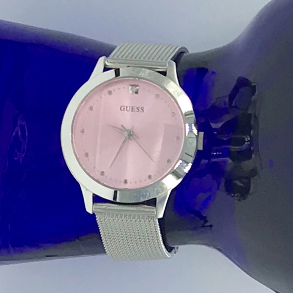 NWOT Guess Women’s Silver Tone, Pink Face Watch With Mesh Wristband - Picture 1 of 9